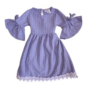Rare Editions Size 3T Bell Sleeve Ribbed Dress Lace Trim Hem Slate Blue